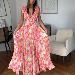 Autumn European And American Fashion Casual Home Floral Backless Dress Women